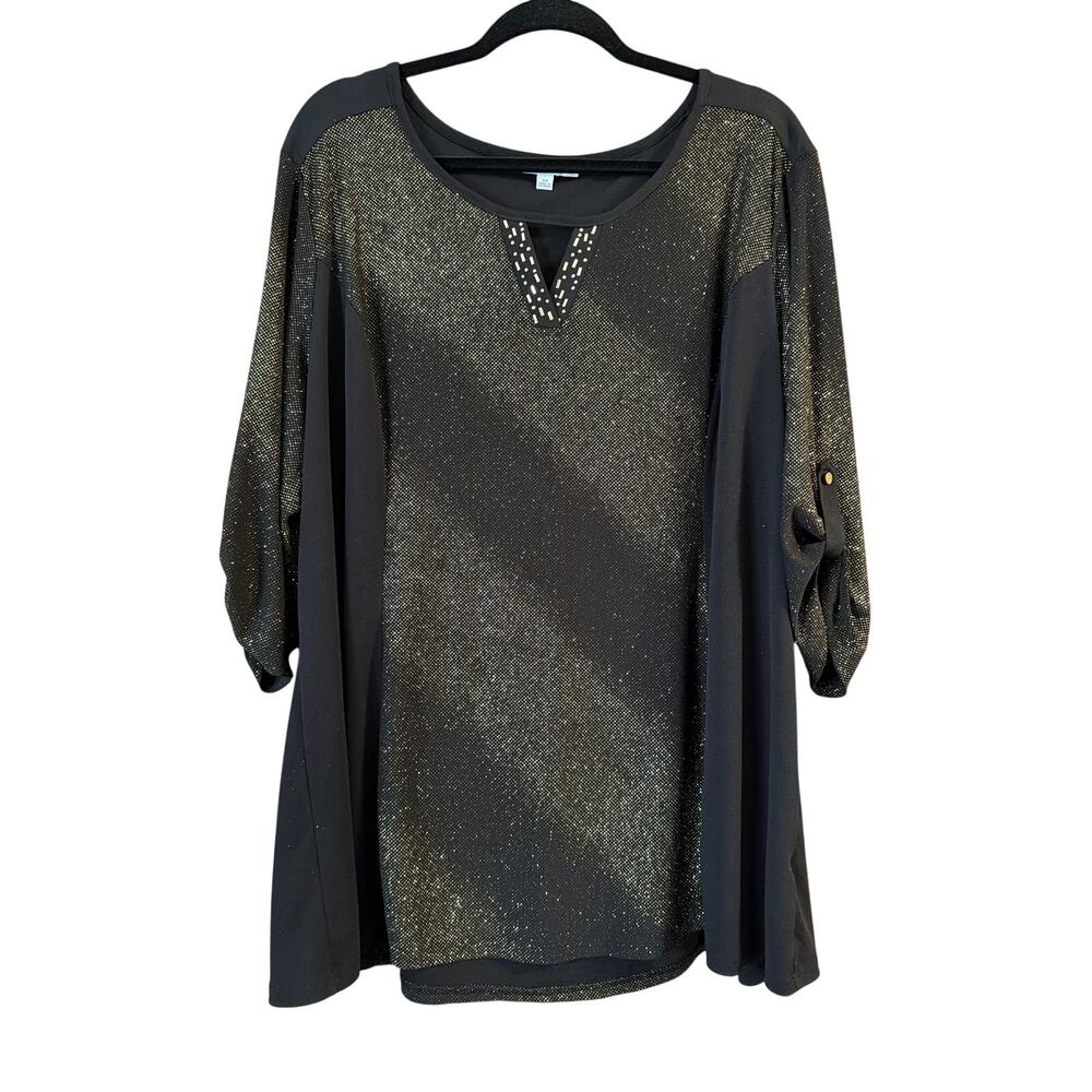 Notations Women's Plus Size Black & Gold Glitter Sparkle Keyhole Blouse Size 3X